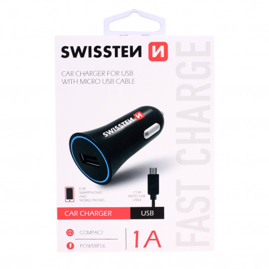 Swissten Premium Car charger 12 / 24V / 1A whit Micro USB Cable 1,5m Black