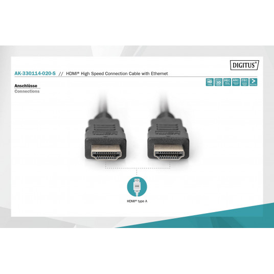 „Digitus“ didelės spartos HDMI kabelis su Ethernet AK-330114-020-S juodas, HDMI į HDMI, 2 m