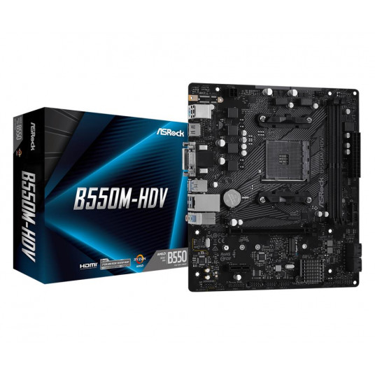 Pagrindinė plokštė|ASROCK|AMD B550|SAM4|MicroATX|1xPCI-Express 3.0 1x|1xM.2|1xPCI-Express 4.0 16x|Atmintis DDR4|Atminties lizdai 2|1x15 kontaktų D-sub|1xDVI|1xHDMI|2xUSBxxUSB.3 /2|1xRJ45|3xGarso prievadas|B550M-HDV