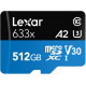 Lexar 512 GB didelio našumo 633x microSDXC™ UHS-I, iki 100 MB/s skaitymas 70 MB/s rašymas C10 A2 V30 U3, pasaulinis