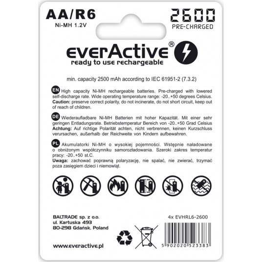 EverActive Ni-MH R6 AA 2600 mAh profesionalūs linijiniai akumuliatoriai