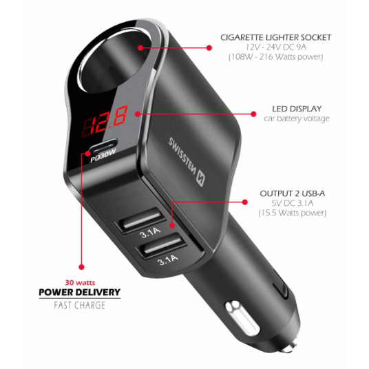 Swissten Car charger 1x USB-C PD / 2x USB-A / CL / LED