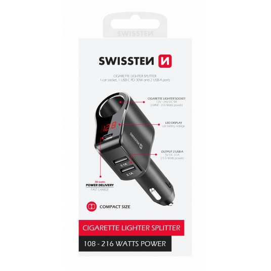 Swissten Car charger 1x USB-C PD / 2x USB-A / CL / LED