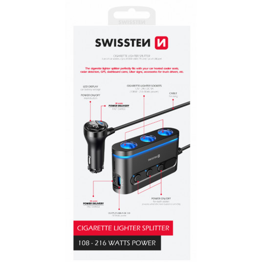 Swissten Car charger 2x USB-C PD / 1x USB-A QA 3.0 / 3x CL