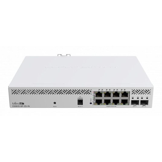 „MikroTik Cloud Router Switch“ CSS610-8P-2S+IN Nėra „Wi-Fi“, maršrutizatoriaus jungiklis, montuojamas ant stovo, 10/100/1000 Mbit/s, eterneto LAN (RJ-45) prievadai 8, tinklelio palaikymo Nr., MU-MiMO Nr. Nėra mobiliojo plačiajuosčio ryšio, SFP+ prievadų k