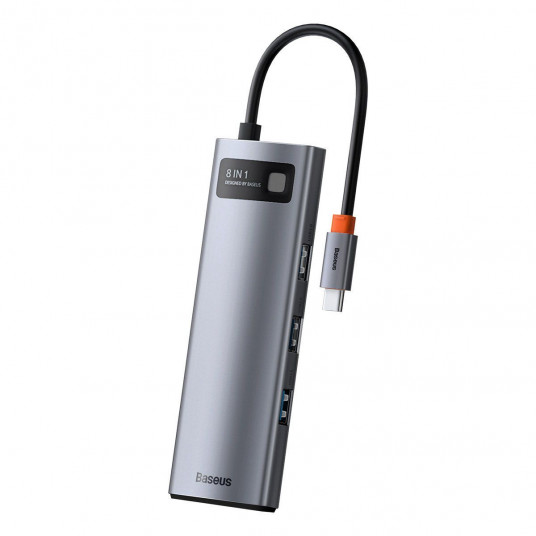 Baseus Metal Gleam Series Hub 8w1, USB-C iki 3x USB 3.0 + HDMI + USB-C PD + Ethernet RJ45 + microSD / SD