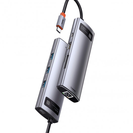 Baseus Metal Gleam Series Hub 8w1, USB-C iki 3x USB 3.0 + HDMI + USB-C PD + Ethernet RJ45 + microSD / SD
