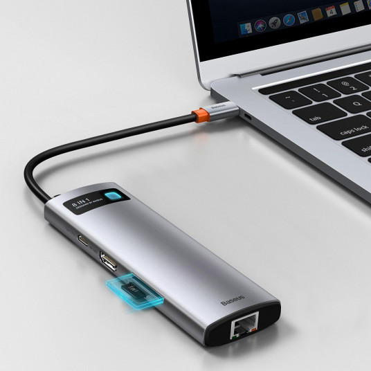 Baseus Metal Gleam Series Hub 8w1, USB-C iki 3x USB 3.0 + HDMI + USB-C PD + Ethernet RJ45 + microSD / SD