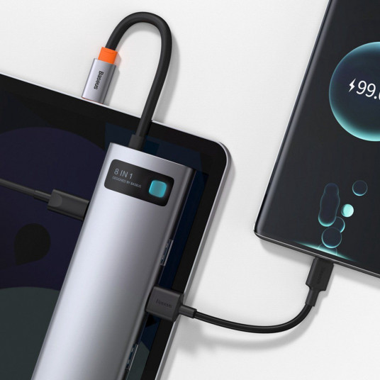 Baseus Metal Gleam Series Hub 8w1, USB-C iki 3x USB 3.0 + HDMI + USB-C PD + Ethernet RJ45 + microSD / SD