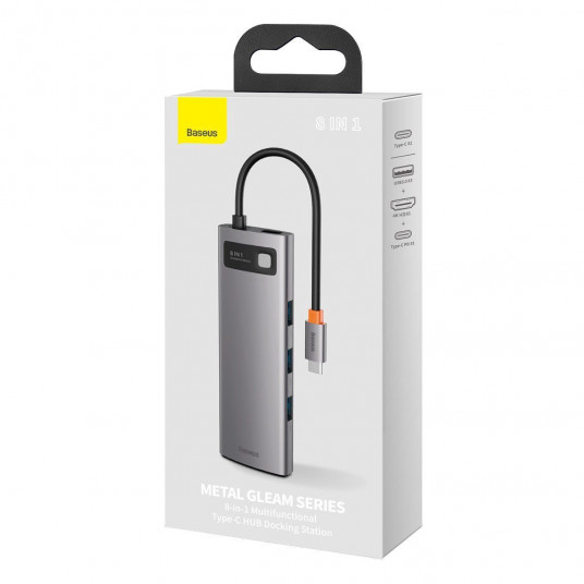 Baseus Metal Gleam Series Hub 8w1, USB-C iki 3x USB 3.0 + HDMI + USB-C PD + Ethernet RJ45 + microSD / SD