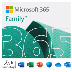 Programinė įranga Microsoft 365 Family 6GQ-00092 ESD, 1–6 kompiuteriai / Mac naudotojai, prenumerata, licencijos terminas 1 metai, visos kalbos, aukščiausios kokybės biuro programos, 6 TB OneDrive saugykla debesyje