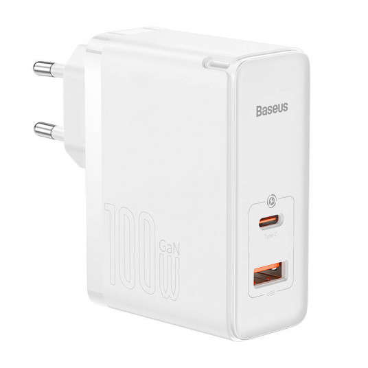 Baseus GaN5 Pro USB-C + USB sieninis įkroviklis, 100W + 1m laidas (baltas)
