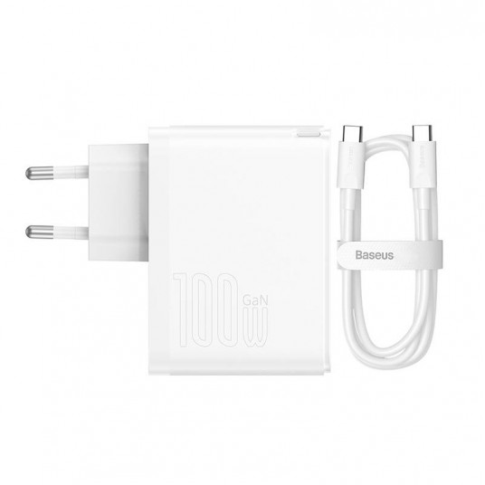 Baseus GaN5 Pro USB-C + USB sieninis įkroviklis, 100W + 1m laidas (baltas)