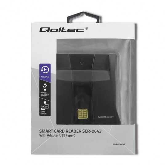 Qoltec 50643 Smart chip asmens tapatybės kortelių skaitytuvas | USB 2.0 | „Plug & Play“
