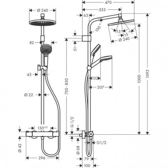 Dušo komplektas su termostatiniu maišytuvu Hansgrohe Crometta 26781000, chromo