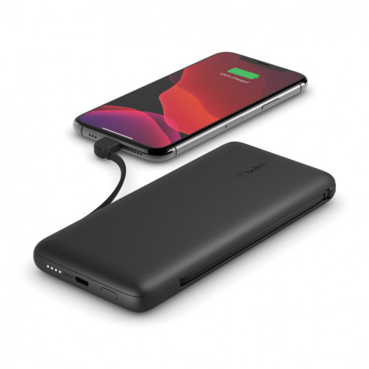 Išorinė baterija Belkin BOOST CHARGE Plus Power Bank 10000 mAh, Integruoti LTG ir USB-C laidai, juodas, 18 W