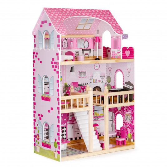 ECOTOYS medinis lėlių namelis su baldais ir šviesomis