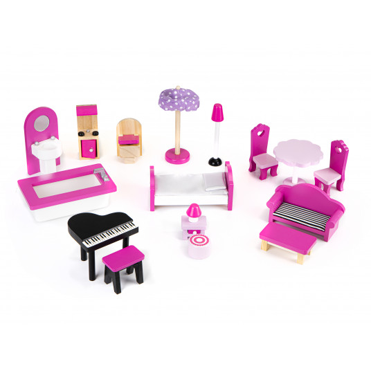 ECOTOYS medinis lėlių namelis su baldais ir šviesomis