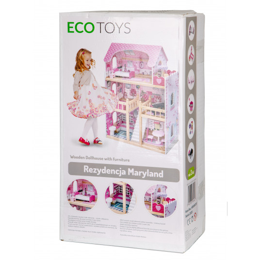 ECOTOYS medinis lėlių namelis su baldais ir šviesomis