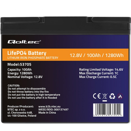 QOLTEC BATTERY LIFEPO4 | 12,8 V | 100AH | 1280 WH