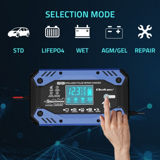 Qoltec 52482 Išmanusis STD AGM GEL LiFePO4 įkroviklis | Akumuliatoriaus įkroviklis su remonto funkcija |12-24V |10A | LCD | 9 pakopų įkrovimas