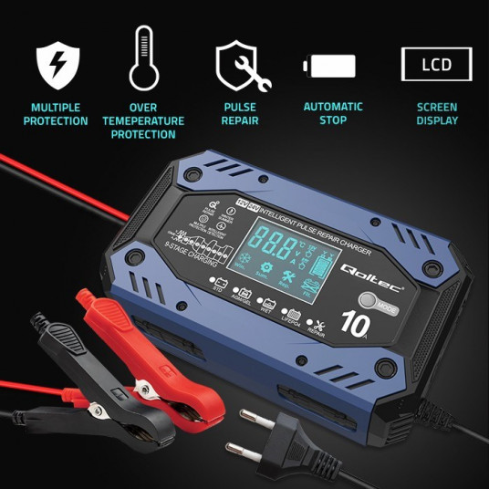Qoltec 52482 Išmanusis STD AGM GEL LiFePO4 įkroviklis | Akumuliatoriaus įkroviklis su remonto funkcija |12-24V |10A | LCD | 9 pakopų įkrovimas