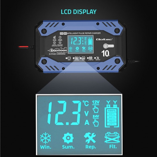Qoltec 52482 Išmanusis STD AGM GEL LiFePO4 įkroviklis | Akumuliatoriaus įkroviklis su remonto funkcija |12-24V |10A | LCD | 9 pakopų įkrovimas