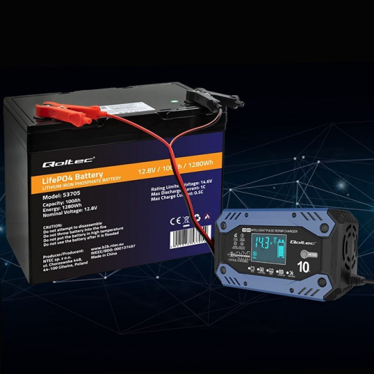 Qoltec 52482 Išmanusis STD AGM GEL LiFePO4 įkroviklis | Akumuliatoriaus įkroviklis su remonto funkcija |12-24V |10A | LCD | 9 pakopų įkrovimas