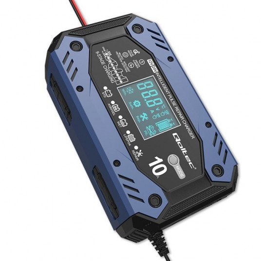 Qoltec 52482 Išmanusis STD AGM GEL LiFePO4 įkroviklis | Akumuliatoriaus įkroviklis su remonto funkcija |12-24V |10A | LCD | 9 pakopų įkrovimas