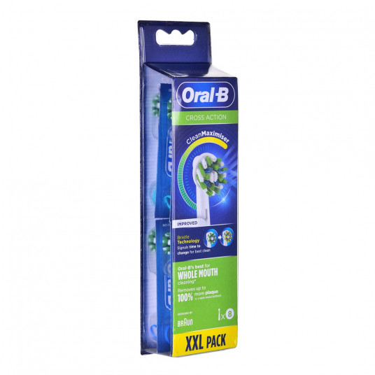 Pakaitiniai elektrinio dantų šepetėlio antgaliai ORAL-B Cross Action EB50-8 (Clean Maximiser) XXL, 8 vnt., balta