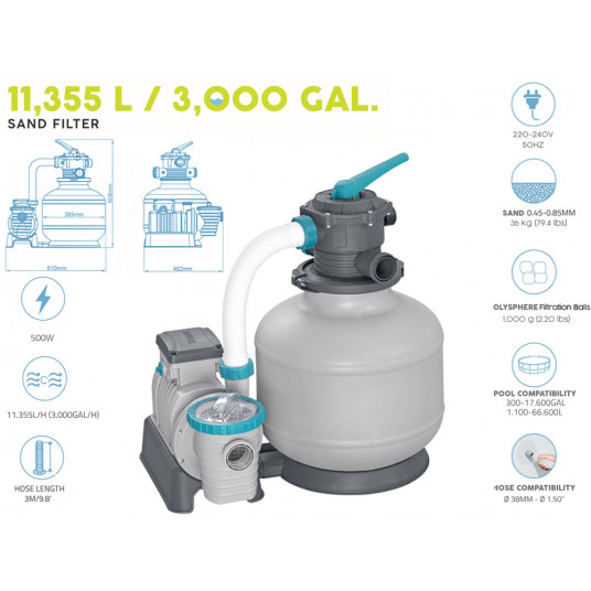 Bestway efficient Sand pump for pool connectors + hoses 11355 L / h 58486