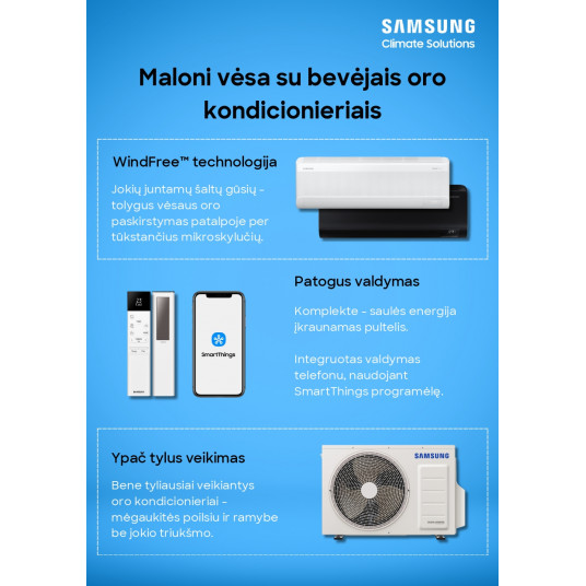 SAMSUNG BEVĖJO oro kondicionieriaus Windfree™ Comfort S2 (buv. Arise) 3.5/4.0 kW Multi split vidinis blokas AR60F12C1AWNEU + AR-CH01E
