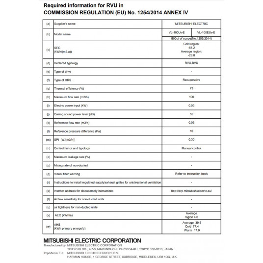 Rekuperatorius Mitsubishi Electric VL-100EU5-E 105m3/h VL-100EU5-E (valdymas jungikliu)